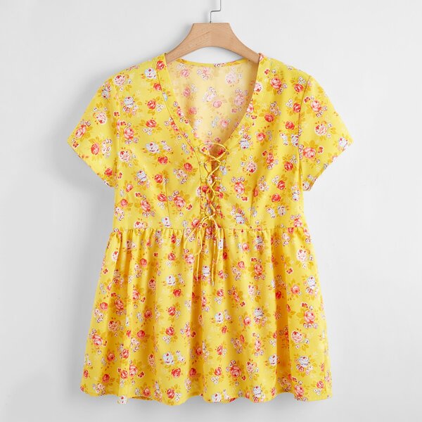 

Plus Floral Print Lace Up Babydoll Blouse, Yellow