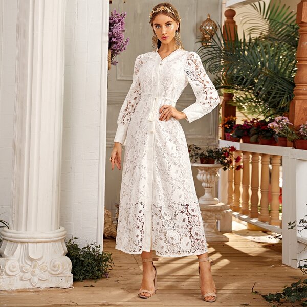 

Button Front Knot Front Lace Overlay Dress, White