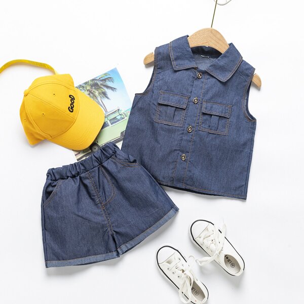 

Toddler Girls Contrast Topstitching Imitation Cowboy Top With Shorts, Navy