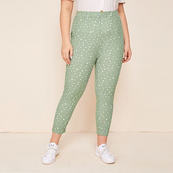 

Plus Polka Dot Print High Waist Leggings, Green