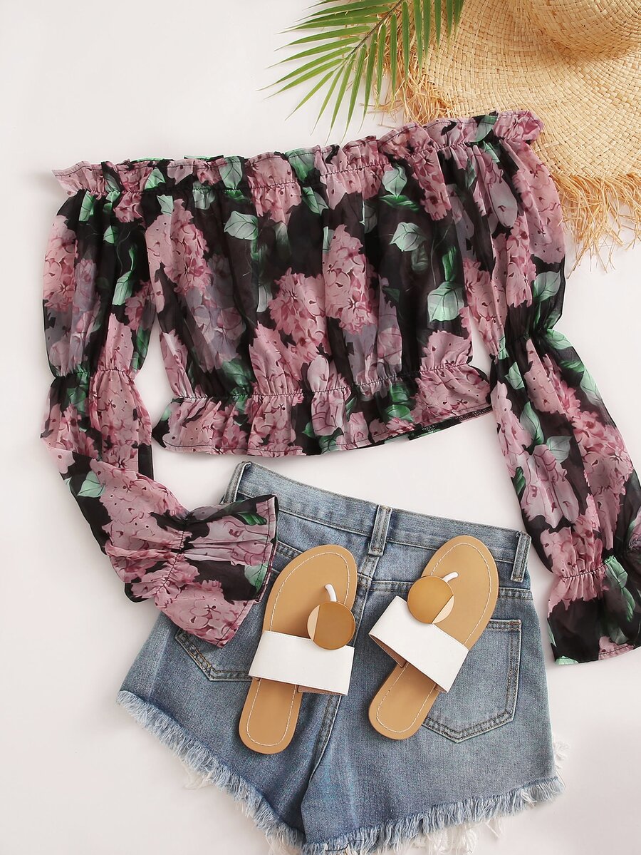 SHEIN VCAY Allover Floral Frill Bardot Crop Blouse - Multicolor - View 1