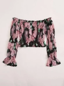 SHEIN VCAY Allover Floral Frill Bardot Crop Blouse - Multicolor - View 2