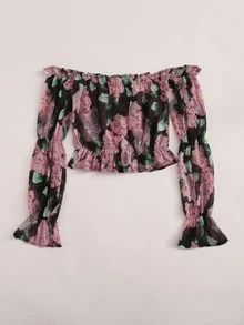 SHEIN VCAY Allover Floral Frill Bardot Crop Blouse - Multicolor - View 3