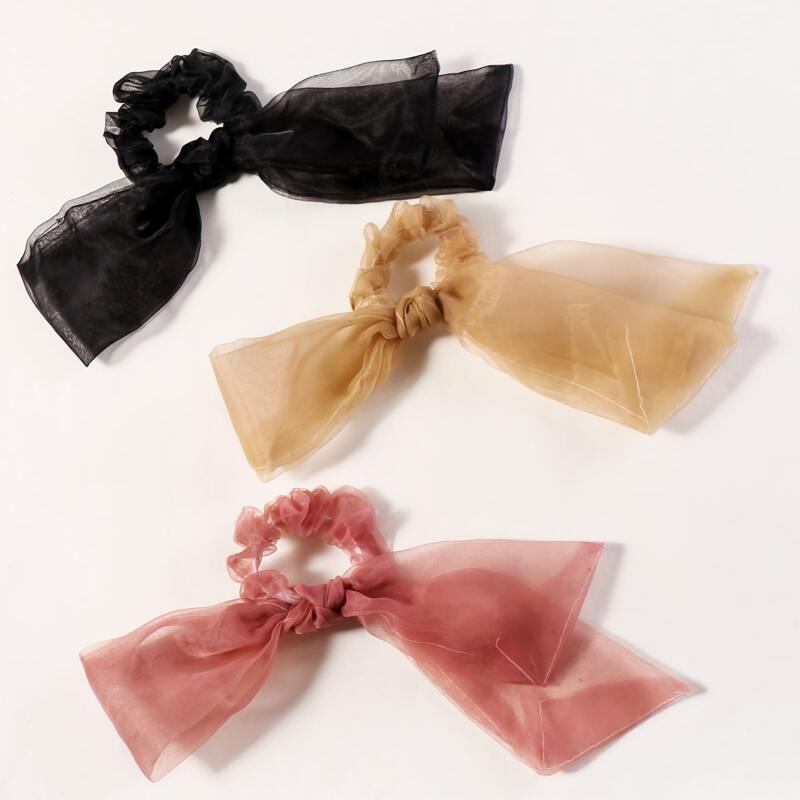 

3pairs Bow Detail Mesh Scrunchie Scarf, Multicolor