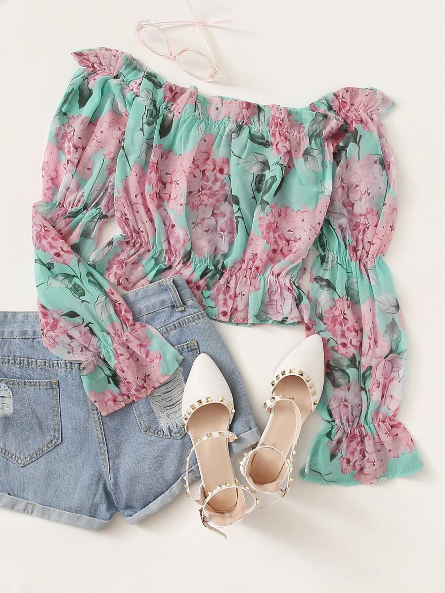 SHEIN VCAY Allover Floral Frill Bardot Crop Blouse - Multicolor - View 1