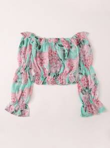 SHEIN VCAY Allover Floral Frill Bardot Crop Blouse - Multicolor - View 2