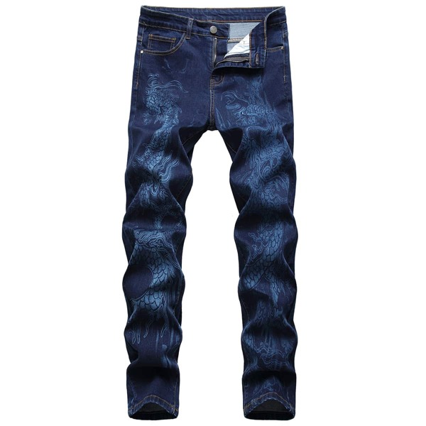 

Men Dragon Print Zip Fly Jeans, Navy blue