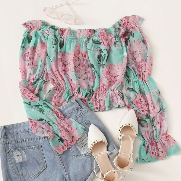 

Allover Floral Frill Bardot Crop Blouse, Multicolor