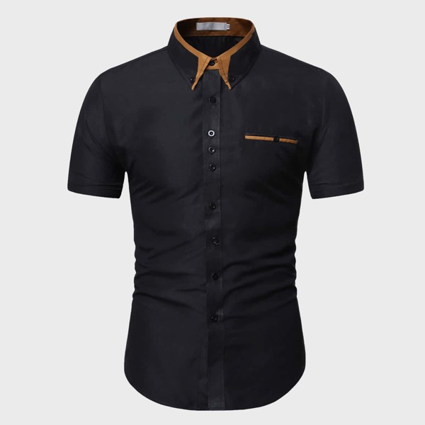 

Men Contrast Collar Button Up Shirt, Black