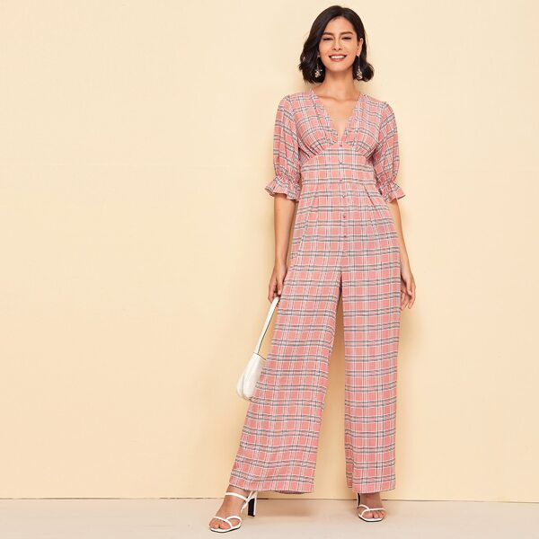 

V-neck Flounce Sleeve Plaid Palazzo Jumpsuit, Dusty pink