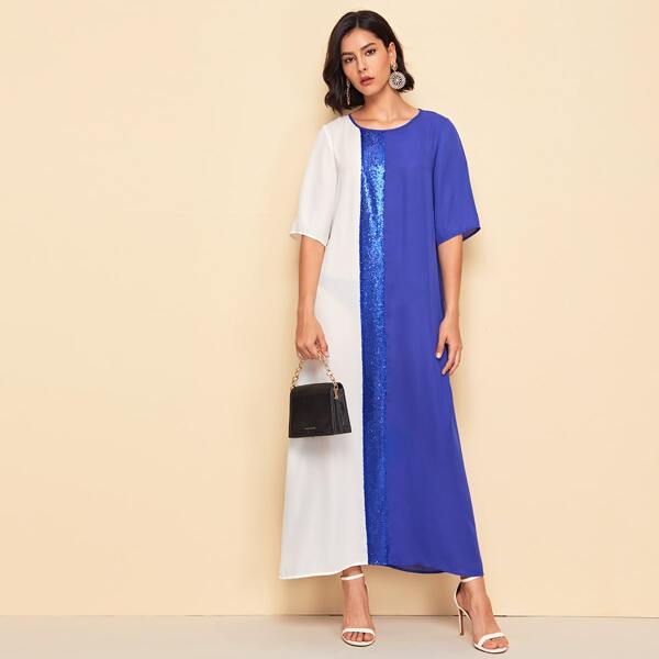 

Contrast Sequin Detail Colorblock Dress, Blue and white