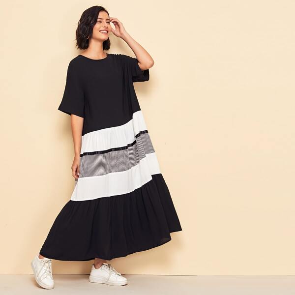 

Drop Shoulder Ruffle Hem Striped Colorblock Dress, Black