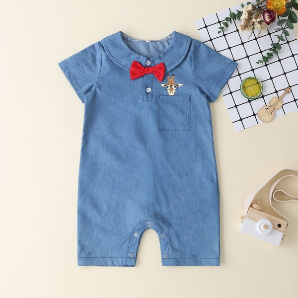 

Baby Boy Bow Front Cartoon Graphic Denim Romper, Blue