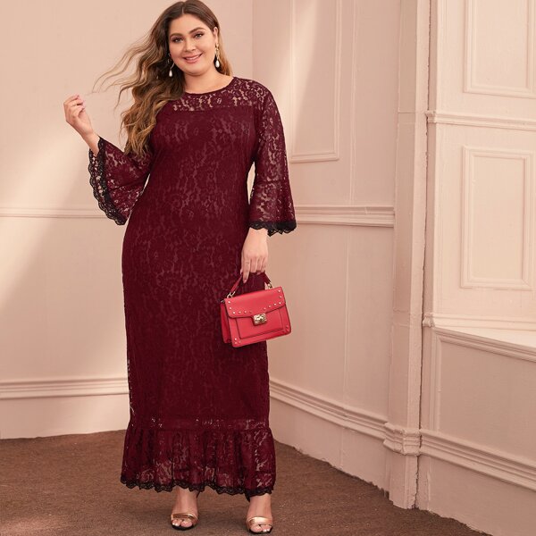 

Plus Lace Overlay Ruffle Hem Dress, Burgundy