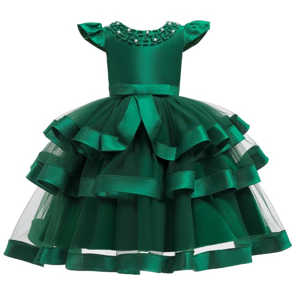 

Toddler Girls Pearls Knot Back Layered Gown Dress, Green