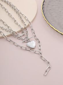 時尚流行男士分層心形裝飾項鍊合金，適合珠寶禮物和時尚外觀 - 銀色 - 查看 3