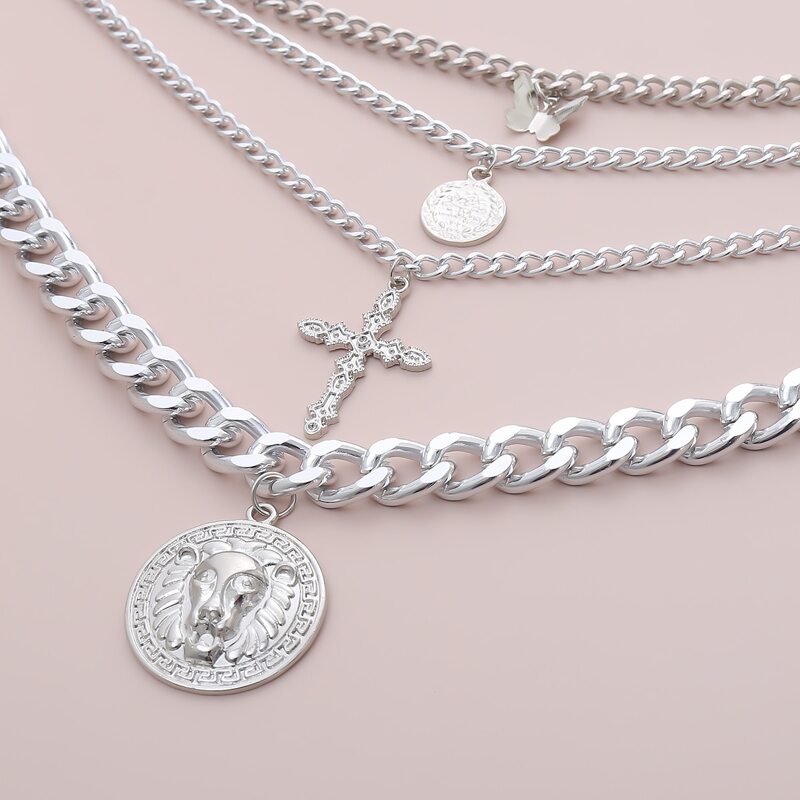 

Guys Layered Cross Decor Necklace, Silver