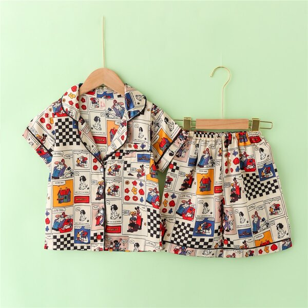 

Toddler Boys Cartoon Graphic Checked Contrast Piping Shirt & Shorts, Multicolor