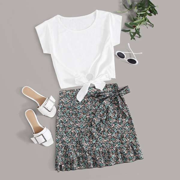 

Plus Tie Hem Top & Wrap Knot Ditsy Floral Skirt Set, Multicolor
