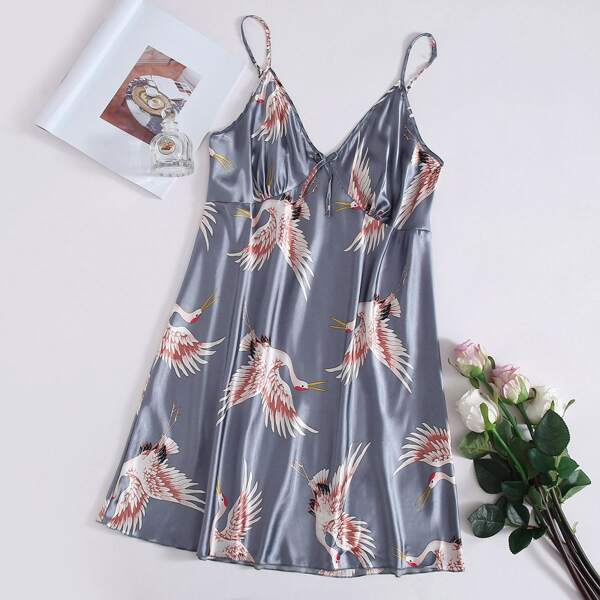 

Plus Crane Print Satin Night Dress, Grey