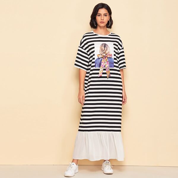 

Knot Detail Figure Patched Flounce Hem Striped Dress, Black and white