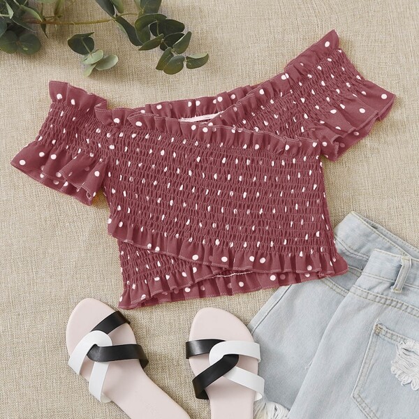 Polka Dot Shirred Detail Frill Trim Crop Top, Pink