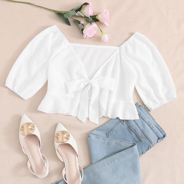 

Solid Tie Front Ruffle Hem Top, White