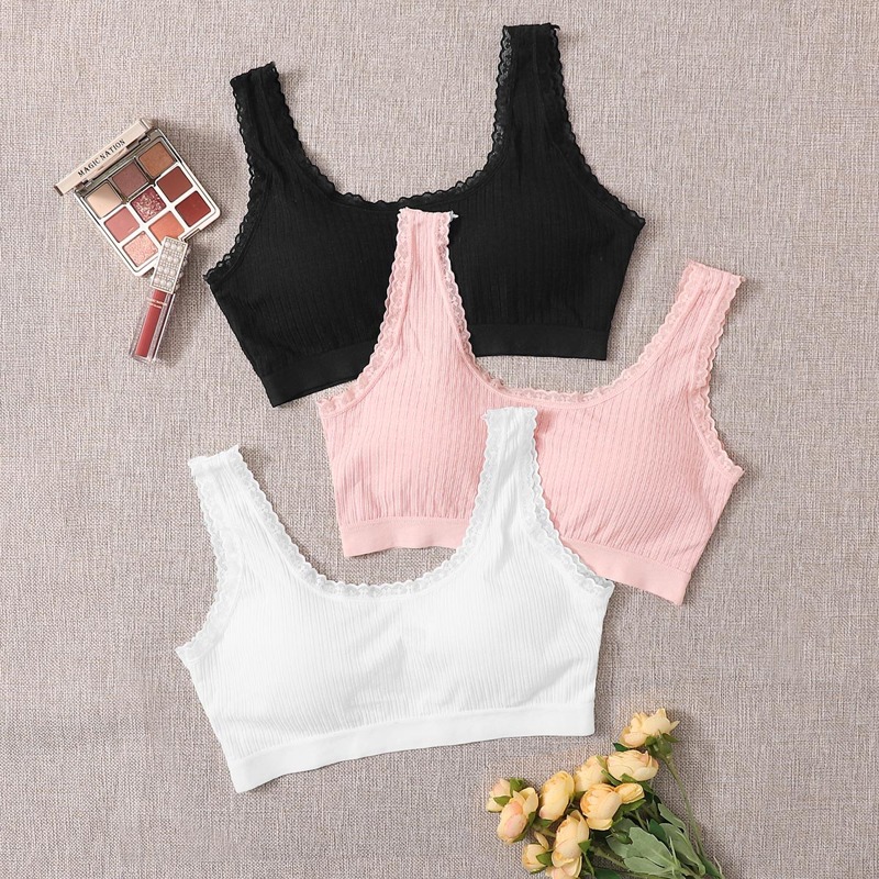 

3pack Rib Lace Trim Bra Set, Multicolor
