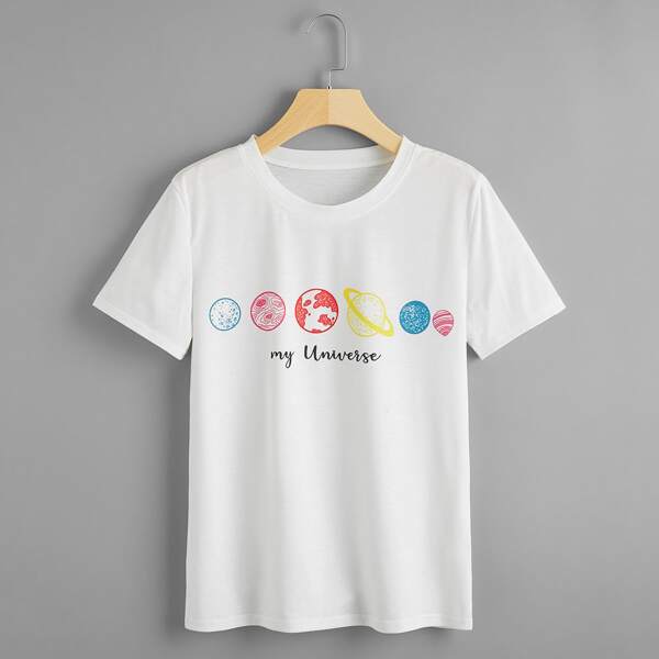 

Planet & Letter Graphic Round Neck Tee, White
