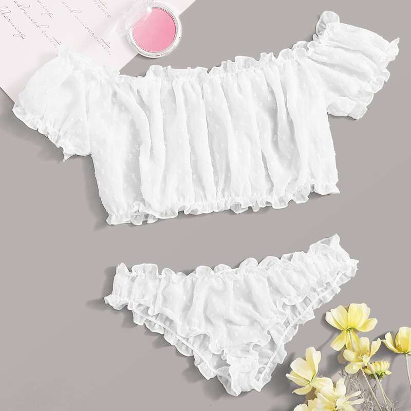 

Frill Trim Swiss Dot Bardot Chiffon Lingerie Set, White