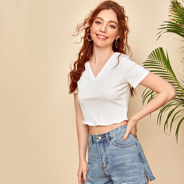 

Solid V-Neck Ribbed Crop Tee, White