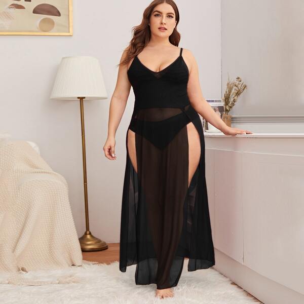 

Plus Mesh Split Thigh Slips With Panty, Black