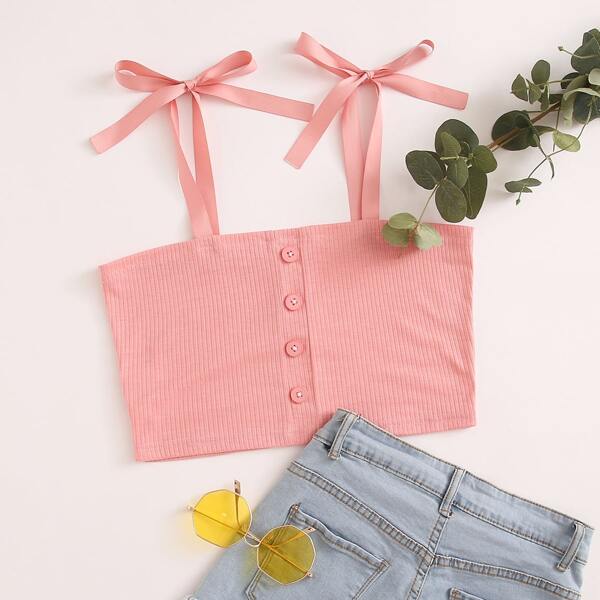 

Tie Shoulder Rib-knit Button Up Cami Top, Pink