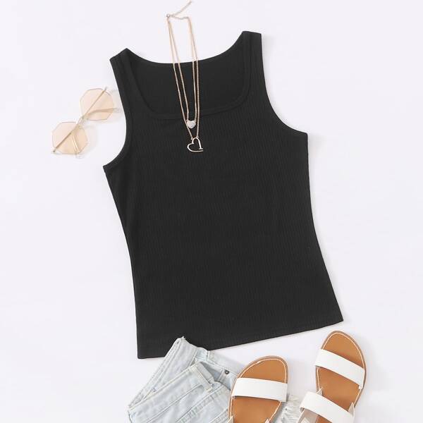 

Solid Rib Knit Tank Top, Black