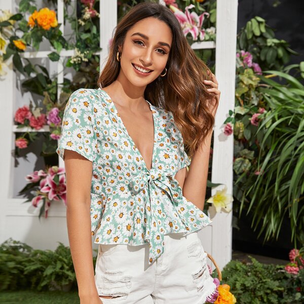 

Allover Floral Tie Front Plunging Top, Multicolor