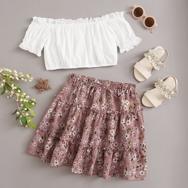 

Girls Off Shoulder Frill Trim Top & Floral Skirt Set, Multicolor