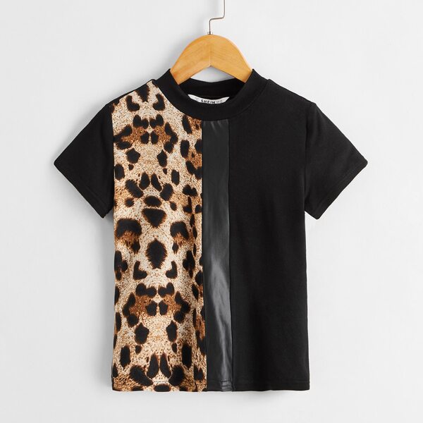

Girls Leather Look Panel Leopard Tee, Black