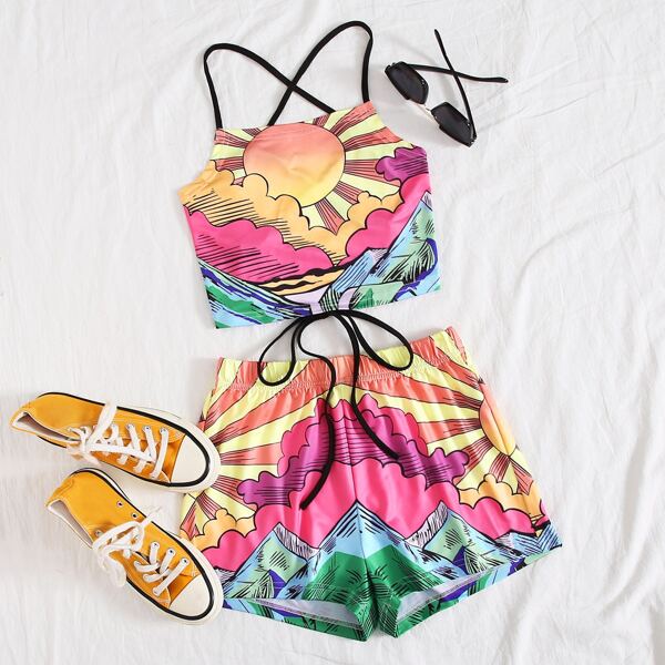 

Lace-up Back Graphic Print Cami Top & Shorts, Multicolor