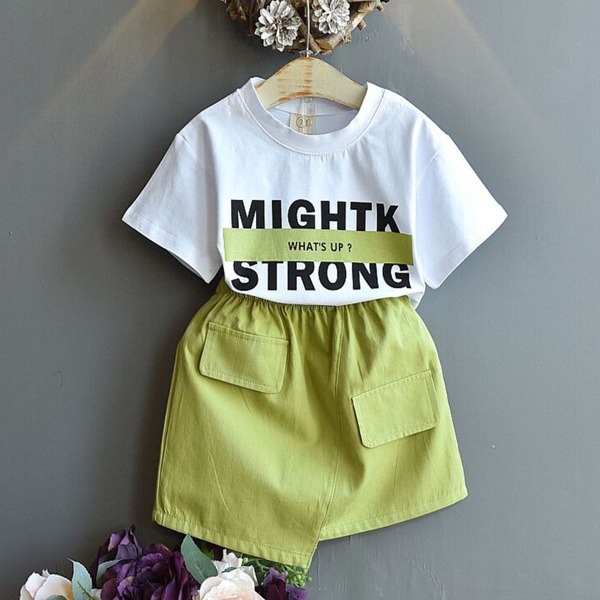 Toddler Girls Slogan Graphic Tee With Asymmetrical Skirt, Multicolor