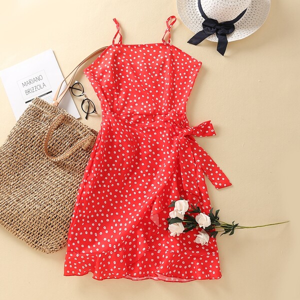 

Ditsy Floral Tie Side Wrap Cami Sundress, Red