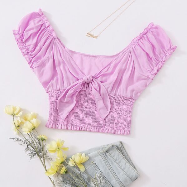 

Plus Frill Trim Tie Front Shirred Top, Lilac purple