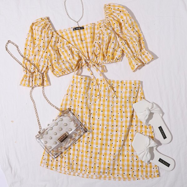 

Tie Front Floral and Gingham Top & Skirt Set, Yellow
