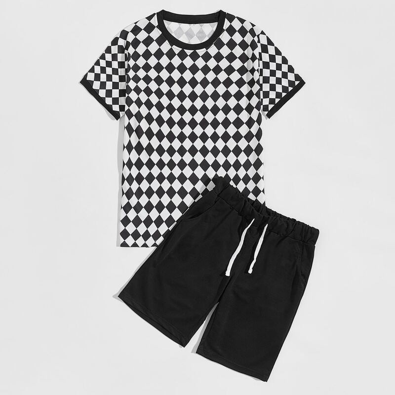 

Guys Checker Plaid Tee With Drawstring Shorts, Black and white