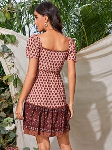 Floral & Tribal Print Drawstring Fringe Dress - Pink - View 2