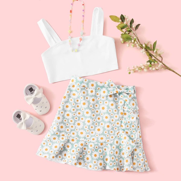 

Girls Solid Cami Top & Knotted Daisy Print Ruffle Skirt Set, Multicolor