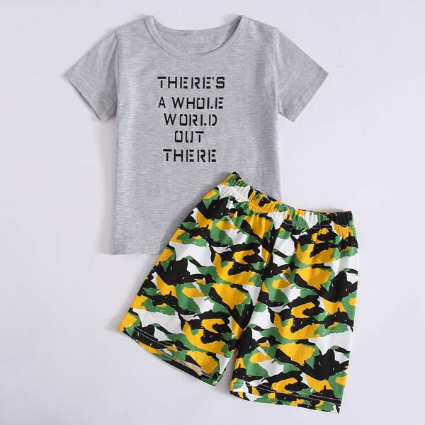 

Toddler Boys Slogan Graphic Tee & Camo Shorts Pajama Set, Multicolor