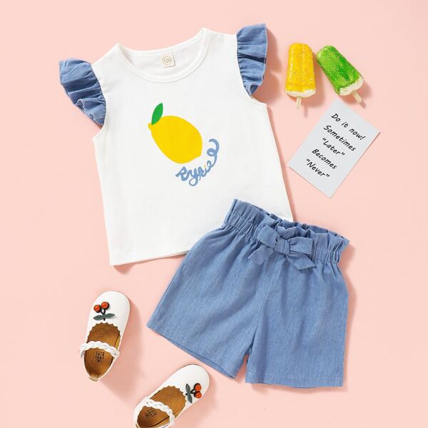 

Toddler Girls Lemon Print Ruffle Cuff Tee With Bow Shorts, Multicolor