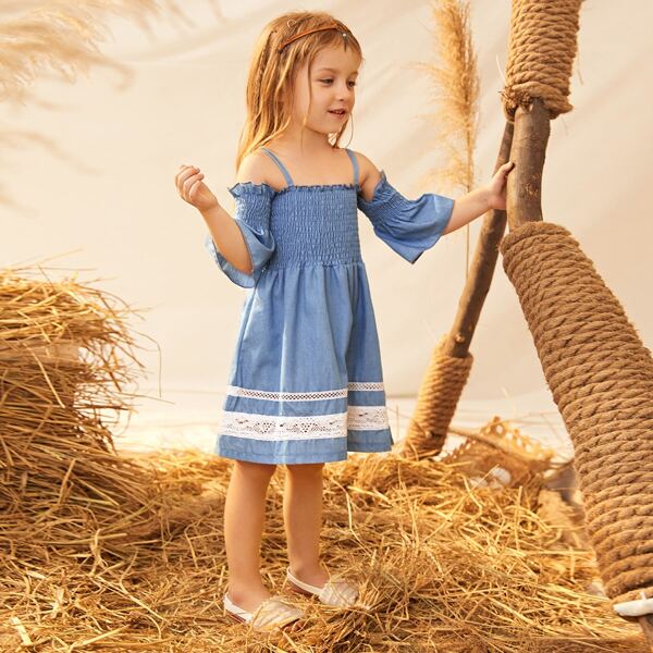 

Toddler Girls Shirred Lace Insert Cold Shoulder Dress, Blue