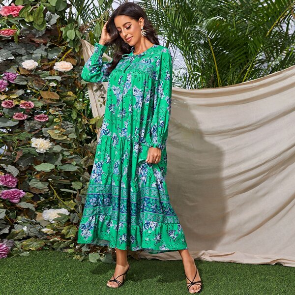 

Floral & Tribal Print Tie Neck Smock Dress, Green