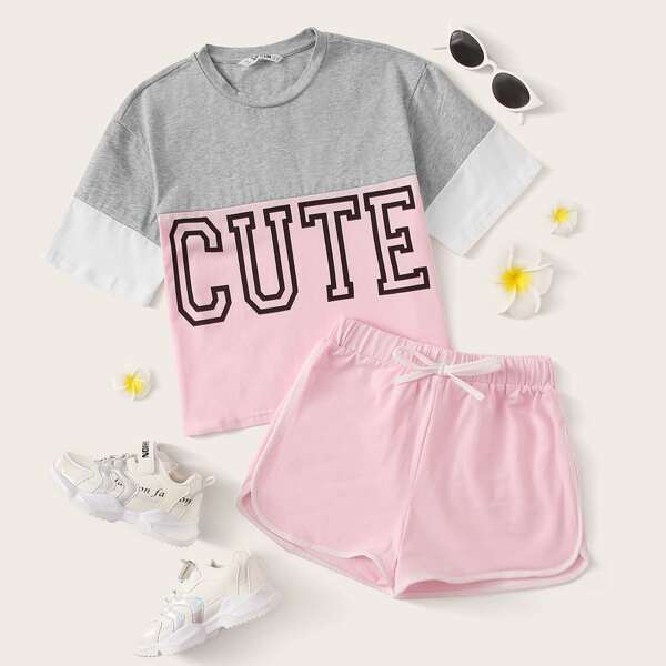

Girls Letter Graphic Colorblock Top & Dolphin Shorts Set, Pink